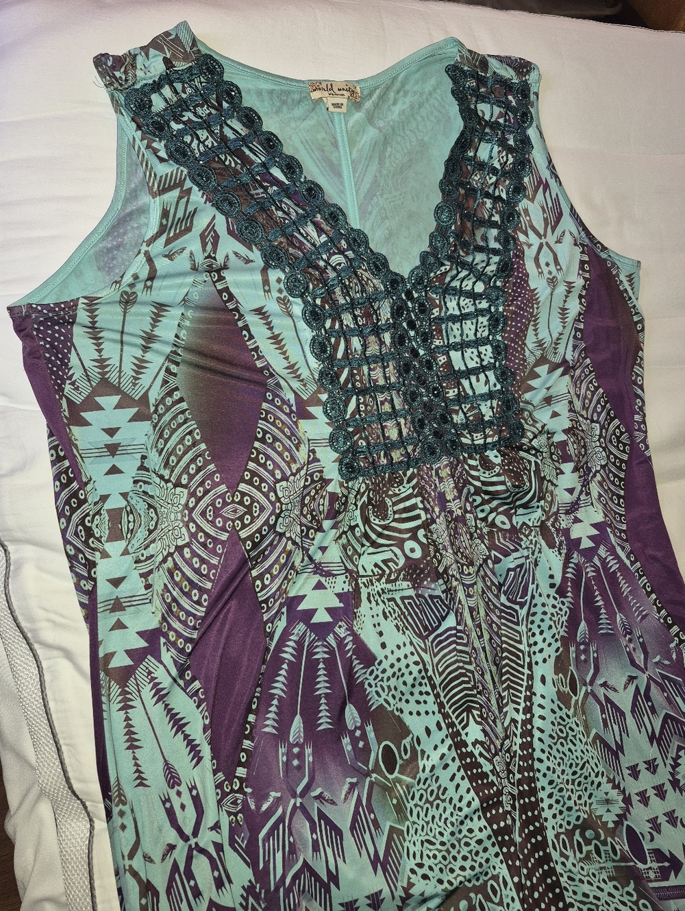 ONE WORLD Teal and Purple Sleeveless Boho Dress with Crocheted V-Neck